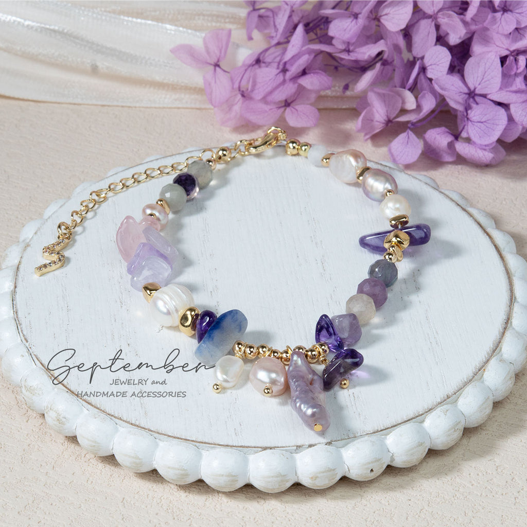 Amethyst, Fluorite, & Baroque Pearl Bracelet with 14K Gold Plated Beads - September Jewelry