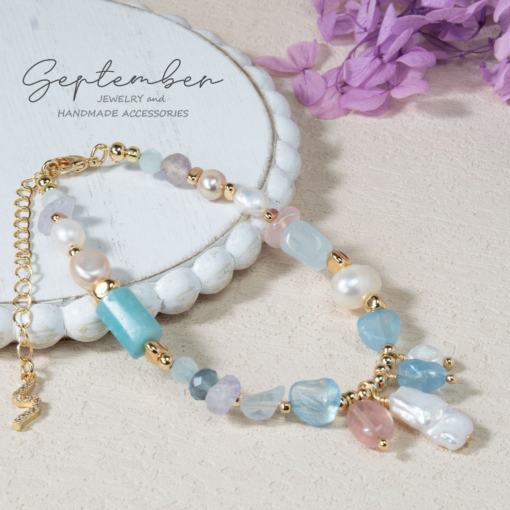 Amazonite, Fluorite, Aquamarine & Pink Quartz Bracelet with Baroque Pearls, and 14K Gold Plated - September Jewelry
