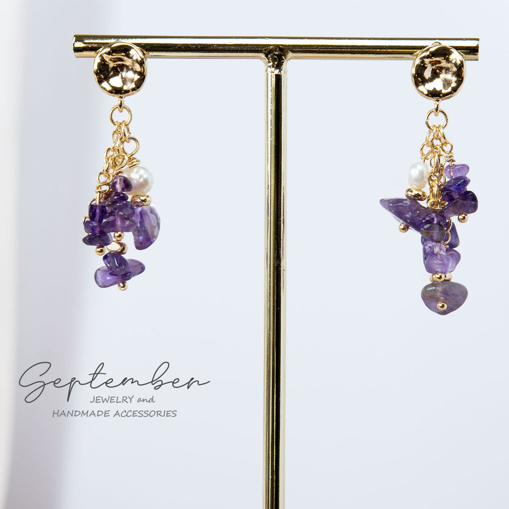 Strings of Amethyst & Freshwater Pearl Earrings - September Jewelry