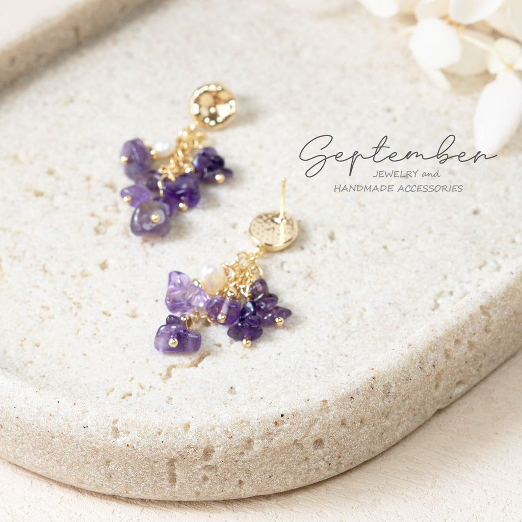 Strings of Amethyst & Freshwater Pearl Earrings - September Jewelry