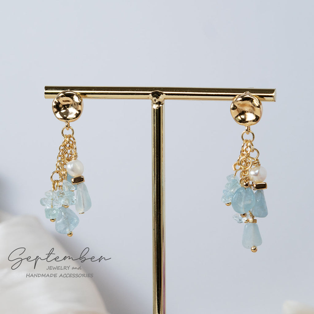 Strings of Aquamarine & Freshwater Pearl Earrings - September Jewelry