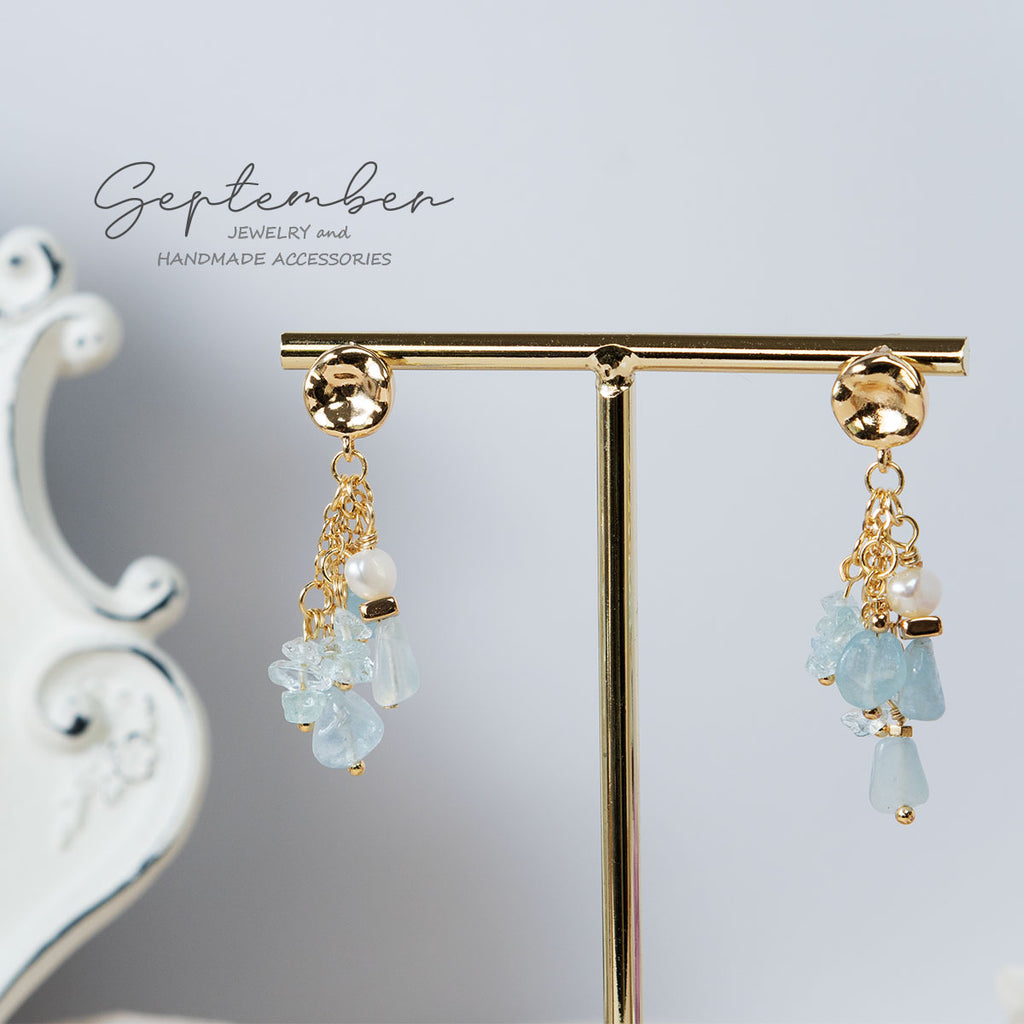 Strings of Aquamarine & Freshwater Pearl Earrings - September Jewelry