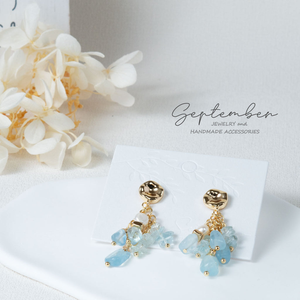 Strings of Aquamarine & Freshwater Pearl Earrings - September Jewelry