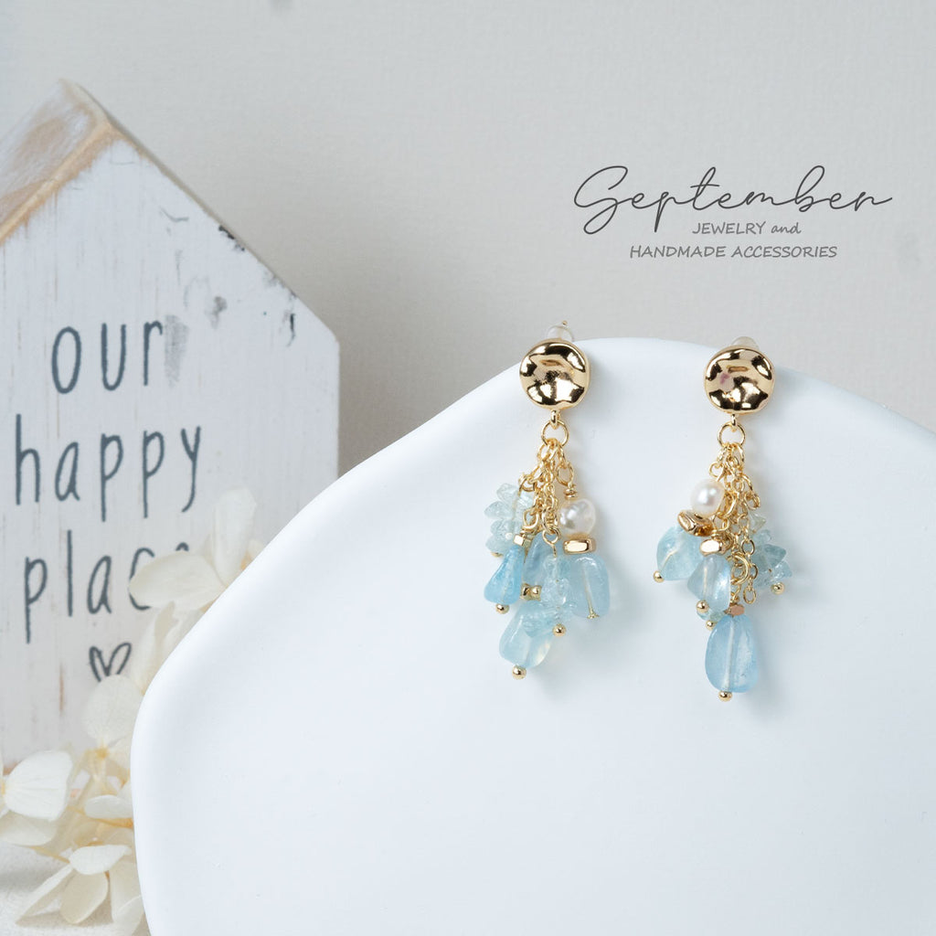 Strings of Aquamarine & Freshwater Pearl Earrings - September Jewelry