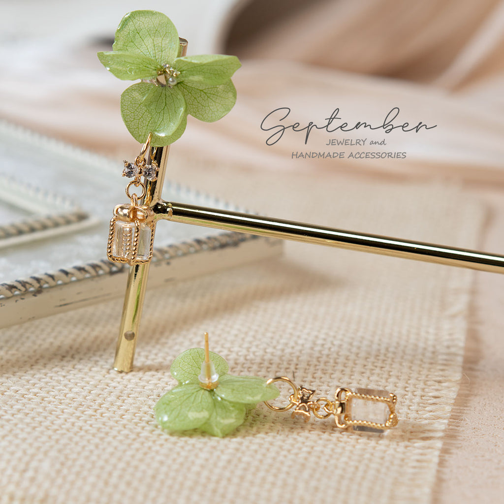Double Petal Light Green Hydrangea with Crystal Gift Box Earrings - September Jewelry