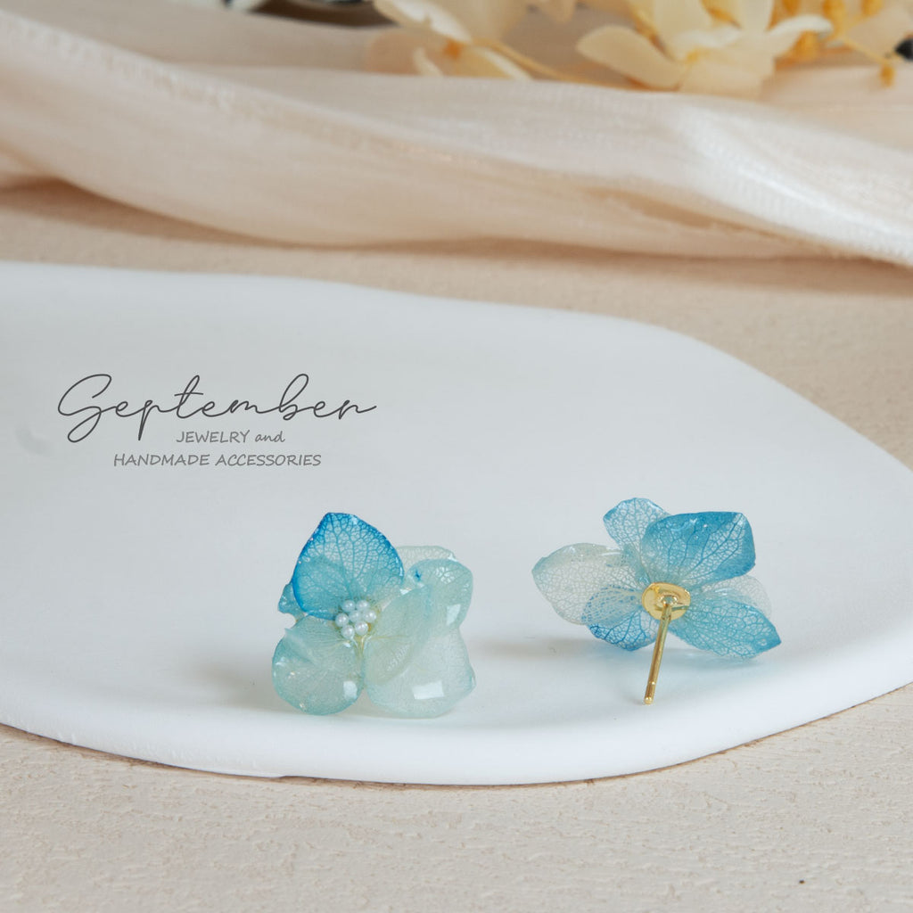 Double Petal Two-Tone Blue Hydrangea Stud Earrings - September Jewelry
