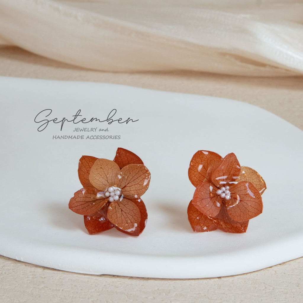 Double Petal Autumn Orange Hydrangea Stud Earrings - September Jewelry