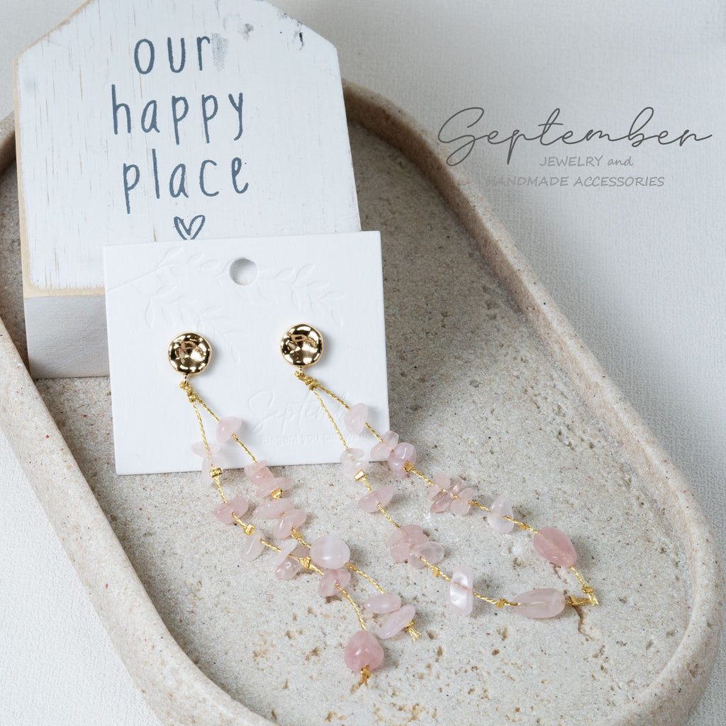 Long Strings of Pink Quartz Earrings - September Jewelry