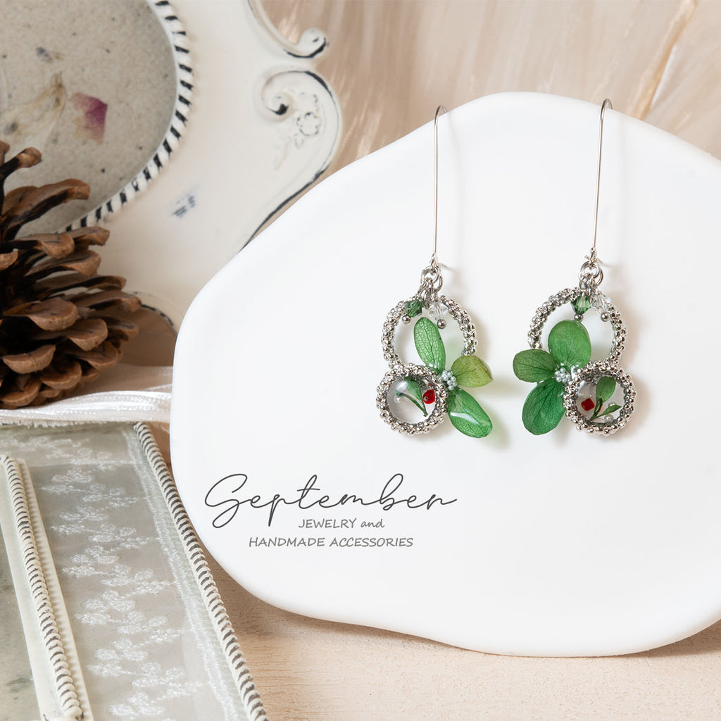 Double Ring Green Hydrangea Earrings with Crystal Beads - September Jewelry