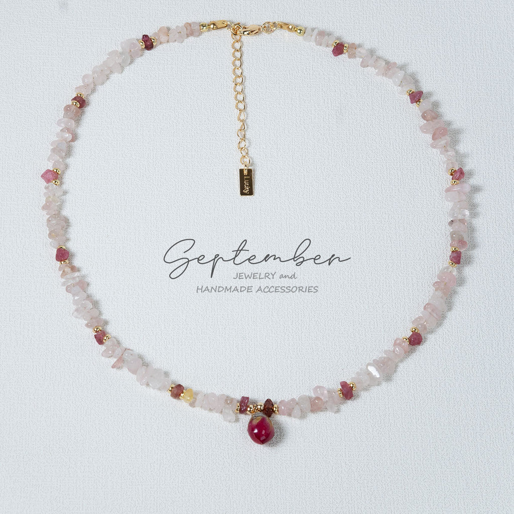 Pink Quartz, Red Tourmaline & Real Dry Rose Necklace Adored in Plated 14K Gold - September Jewelry