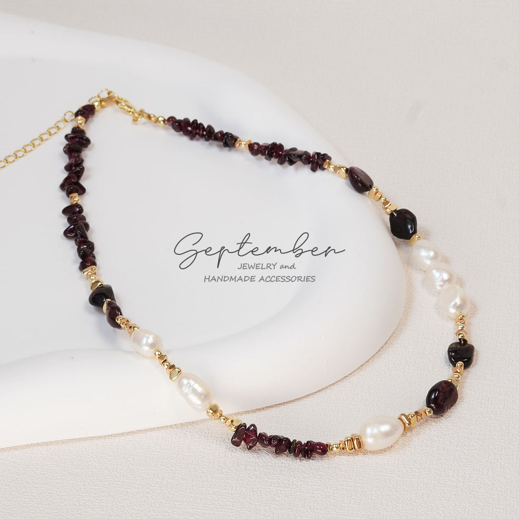 Freshwater Pearl & Natural Garnet Necklace 14K Gold Plated Beads - September Jewelry