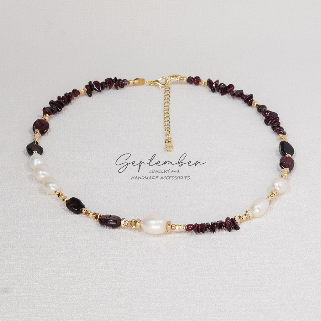 Freshwater Pearl & Natural Garnet Necklace 14K Gold Plated Beads - September Jewelry