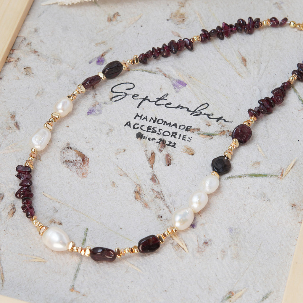 Freshwater Pearl & Natural Garnet Necklace 14K Gold Plated Beads - September Jewelry