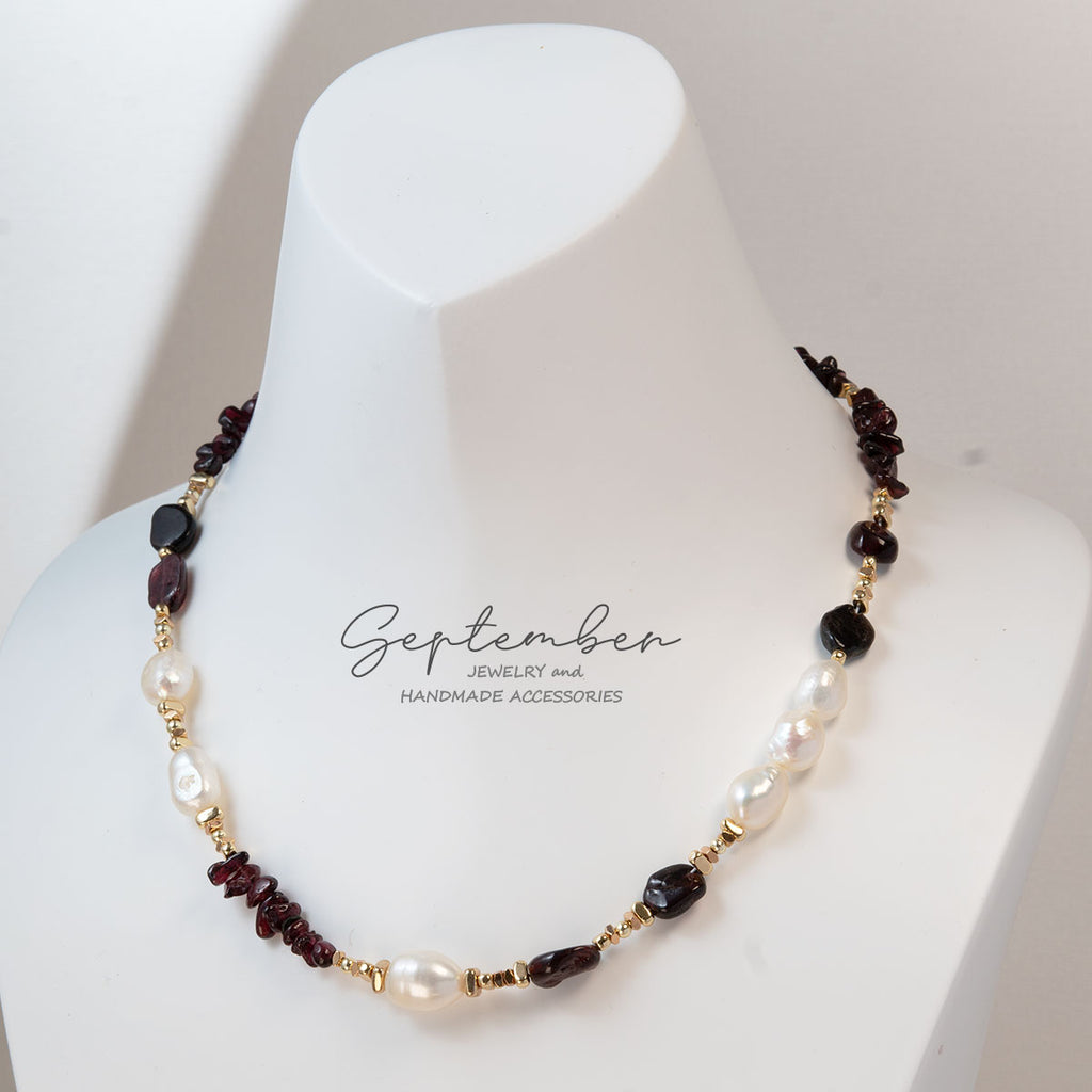 Freshwater Pearl & Natural Garnet Necklace 14K Gold Plated Beads - September Jewelry