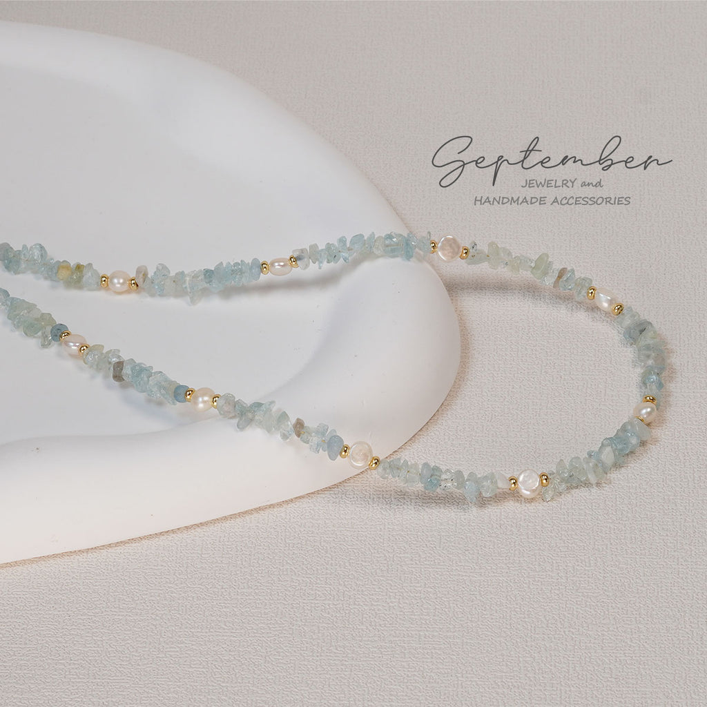 Freshwater Pearl & Aquamarine Necklace with 14K Gold Plated Beads - September Jewelry