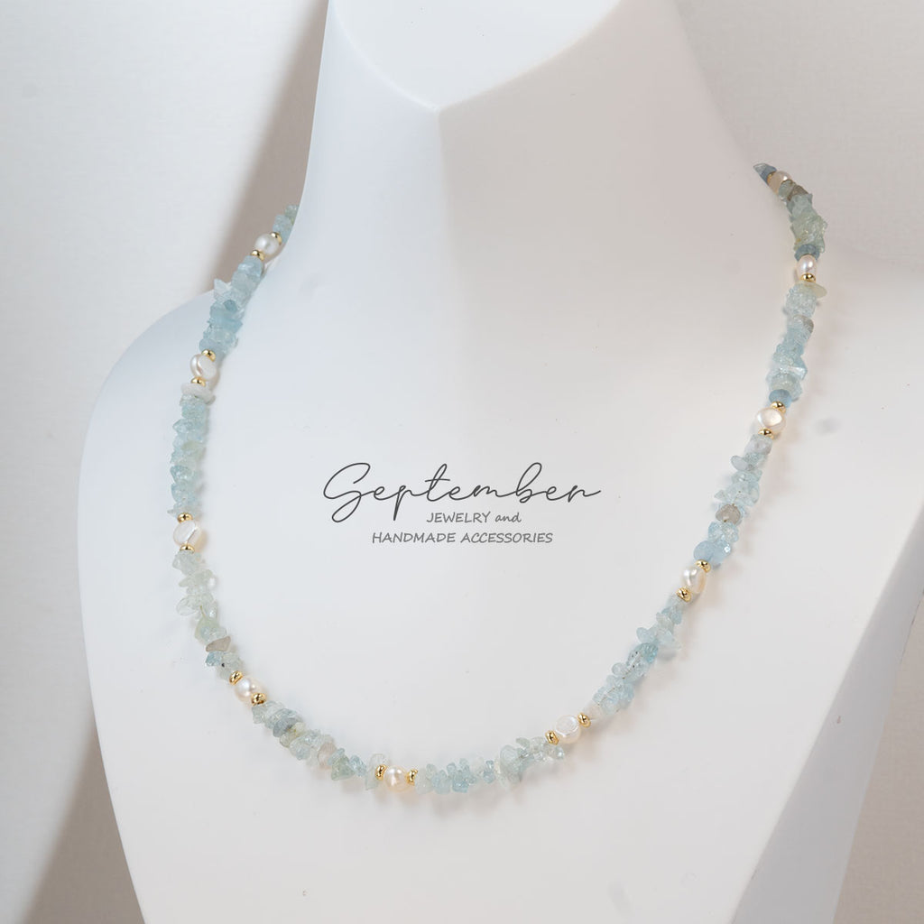 Freshwater Pearl & Aquamarine Necklace with 14K Gold Plated Beads - September Jewelry