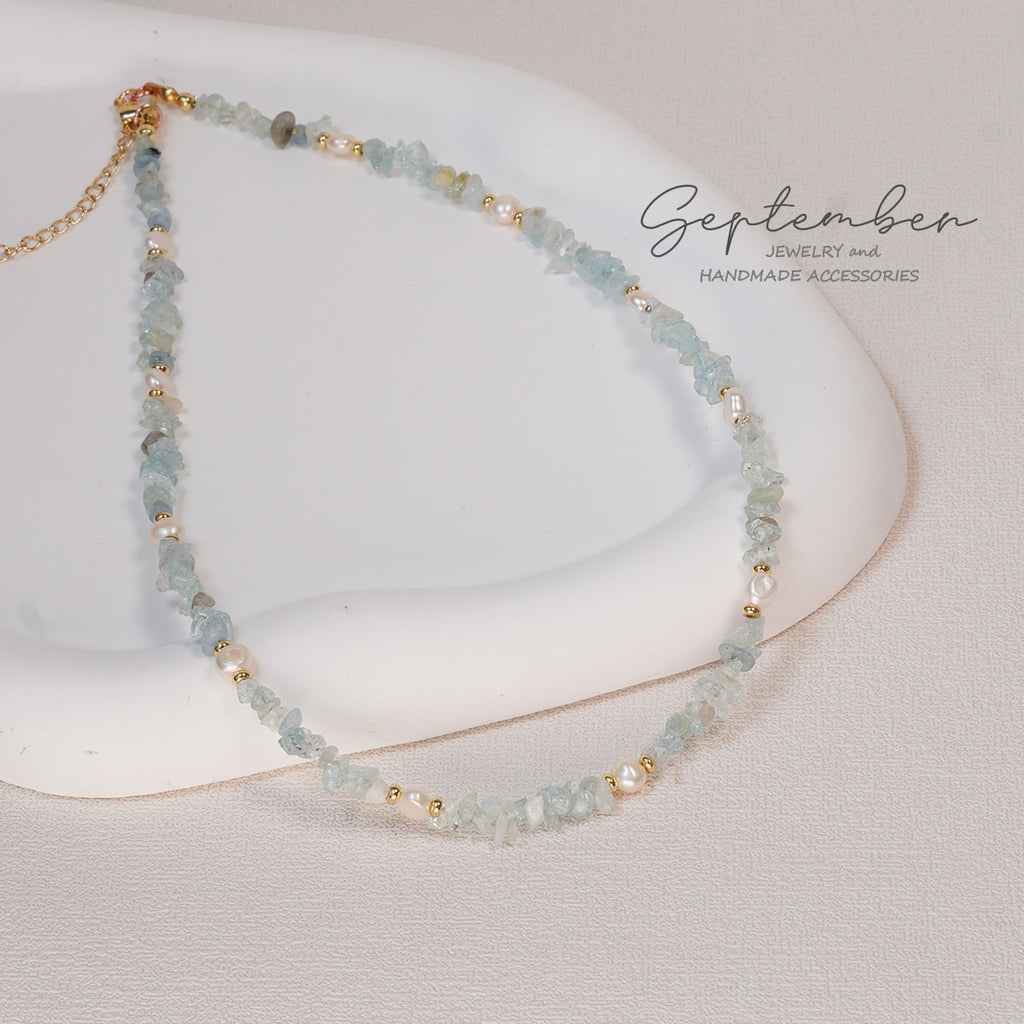 Freshwater Pearl & Aquamarine Necklace with 14K Gold Plated Beads - September Jewelry