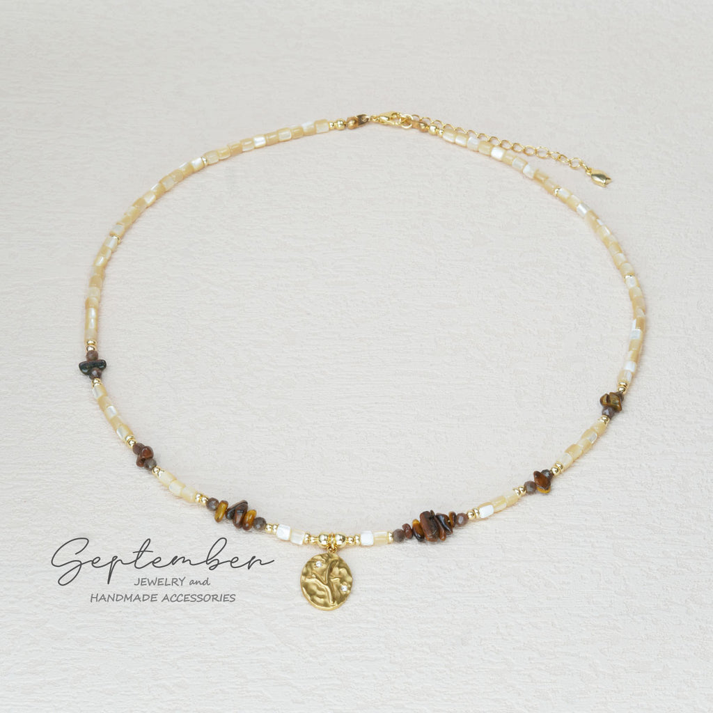 Tiger's Eye & Shell Pearl Necklace with Tree of Life Pendant and 14K Gold Plated Beads - September Jewelry