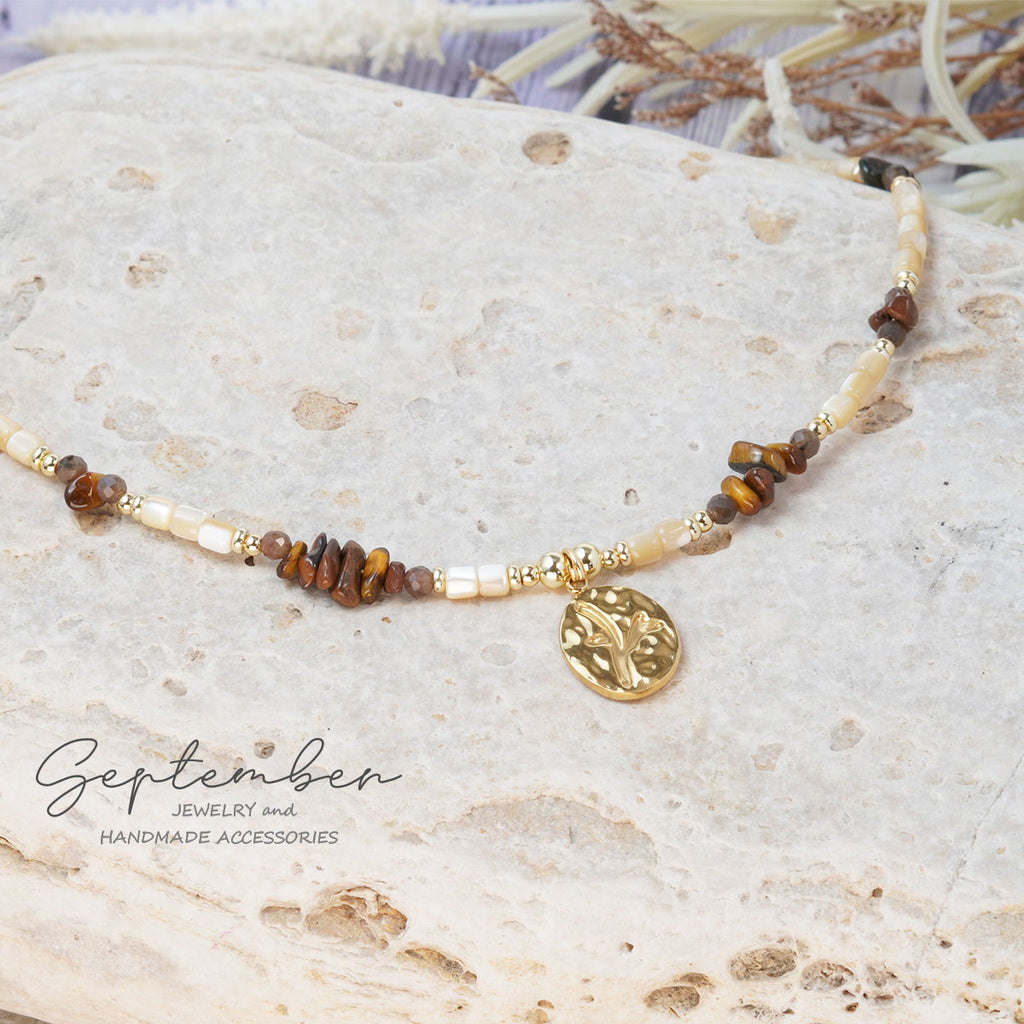 Tiger's Eye & Shell Pearl Necklace with Tree of Life Pendant and 14K Gold Plated Beads - September Jewelry