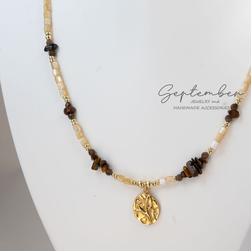 Tiger's Eye & Shell Pearl Necklace with Tree of Life Pendant and 14K Gold Plated Beads - September Jewelry