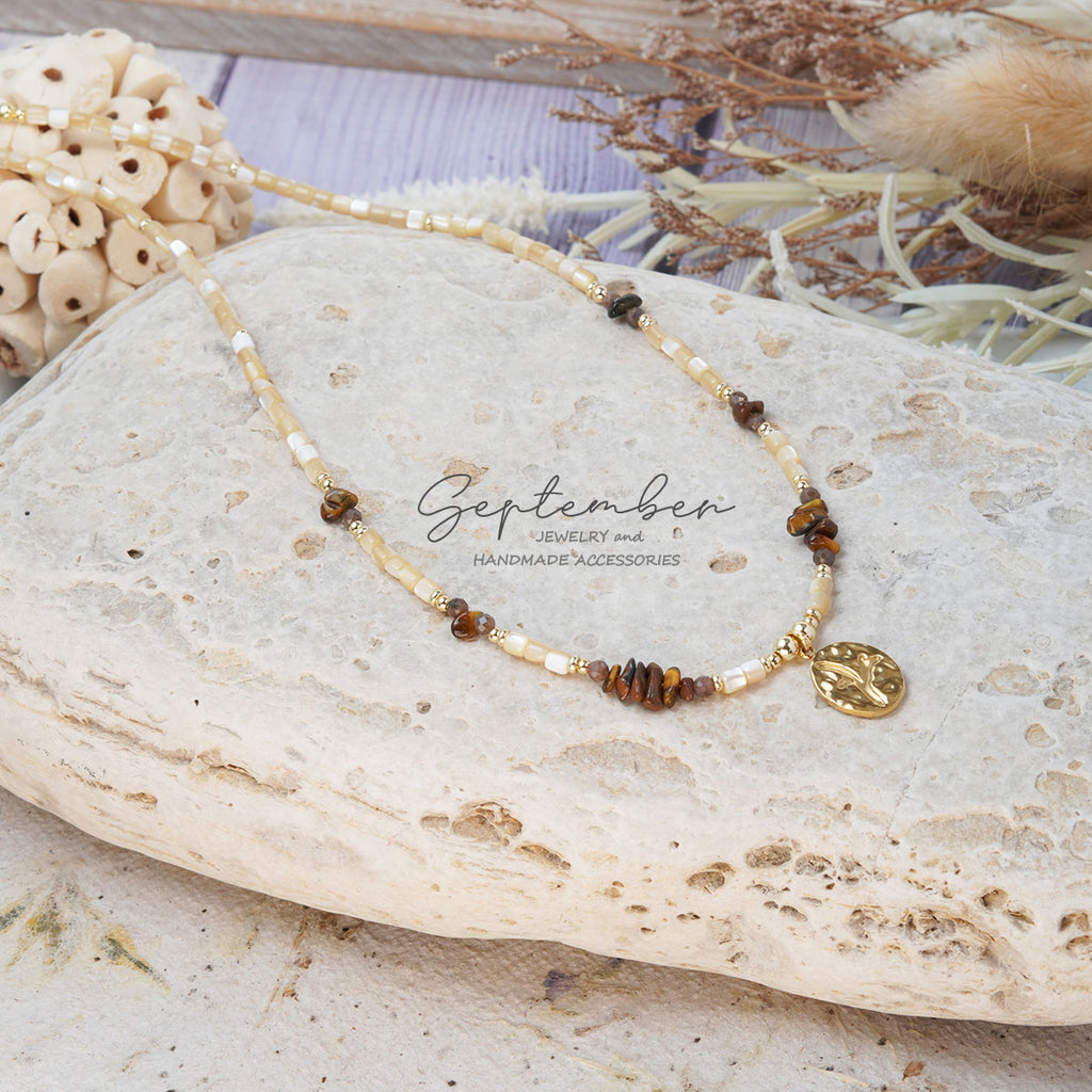 Tiger's Eye & Shell Pearl Necklace with Tree of Life Pendant and 14K Gold Plated Beads - September Jewelry