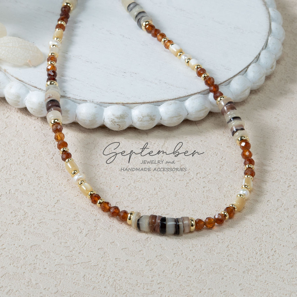 14K Gold Plated Faceted Orange Garnet &amp; Seashell Necklace - September Jewelry