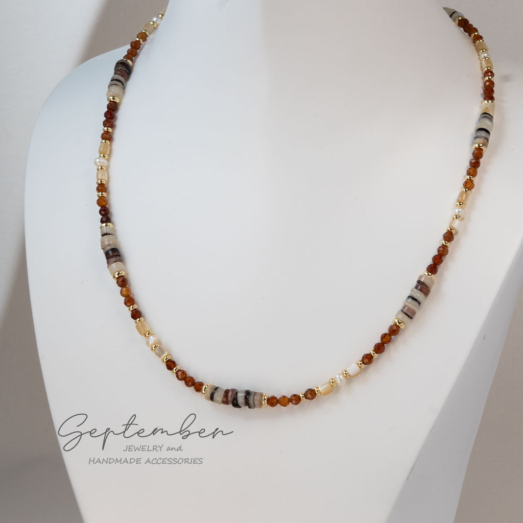 14K Gold Plated Faceted Orange Garnet &amp; Seashell Necklace - September Jewelry