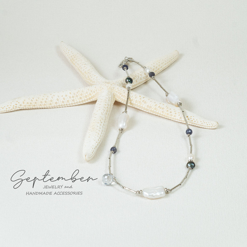 Facet Kyanite and Baroque Pearl Necklace - September Jewelry