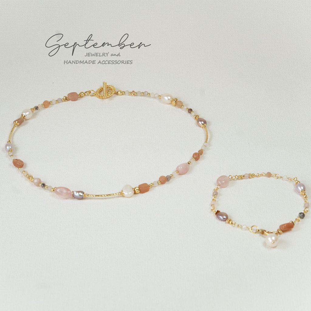 Peach Moonstone and Pink Quartz Necklace - September Jewelry
